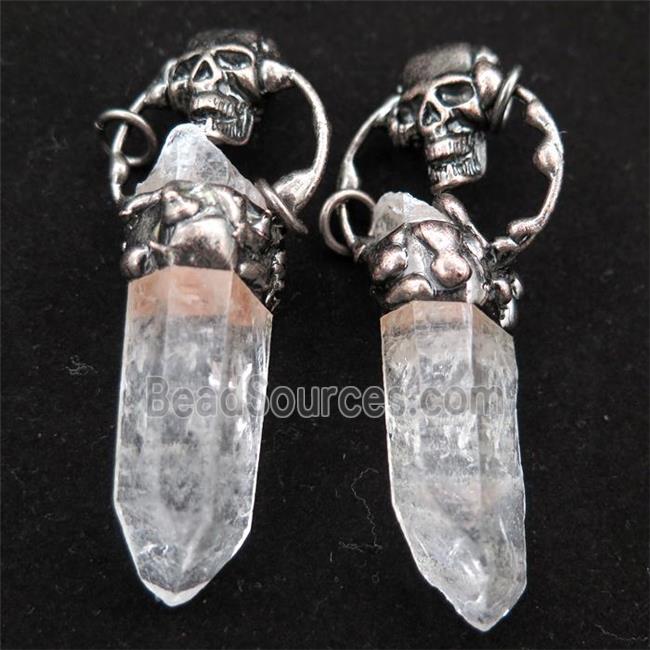 Crystal Quartz stick pendant with skull, antique red