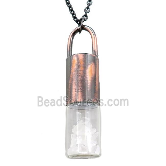 copper perfume bottle Necklace with clear quartz, antique red