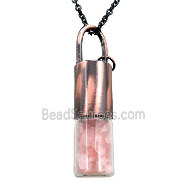 copper perfume bottle Necklace with rose quartz, antique red