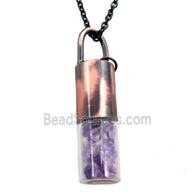 copper perfume bottle Necklace with amethyst, antique red