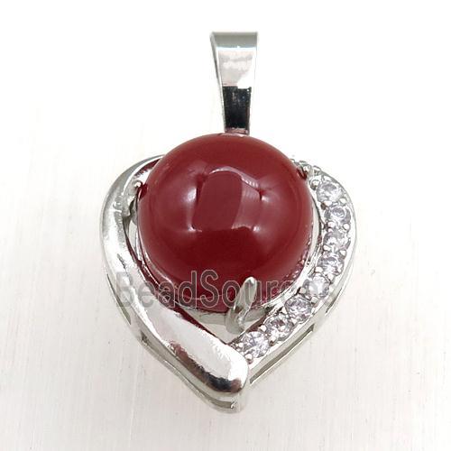 red carnelian agate pendant paved rhinestone, heart, platinum plated