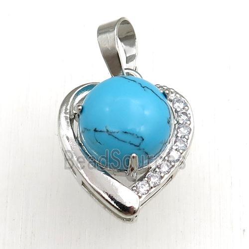 blue synthetic Turquoise pendant paved rhinestone, heart, platinum plated