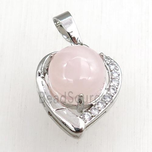 rose quartz pendant paved rhinestone, heart, platinum plated