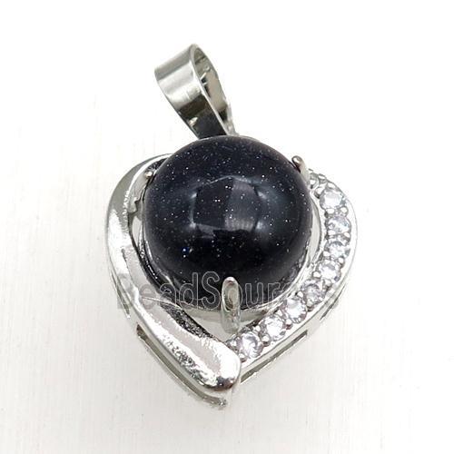 black onyx agate pendant paved rhinestone, heart, platinum plated