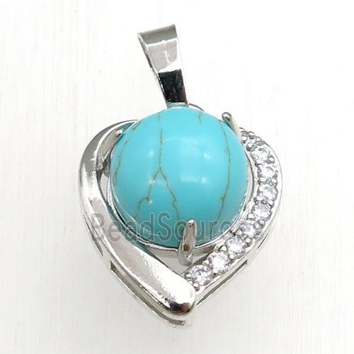 green synthetic turquoise pendant paved rhinestone, heart, platinum plated