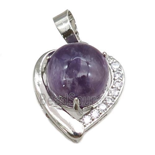 amethyst pendant paved rhinestone, heart, platinum plated