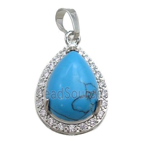 blue synthetic turquoise pendant paved rhinestone, teardrop, platinum plated