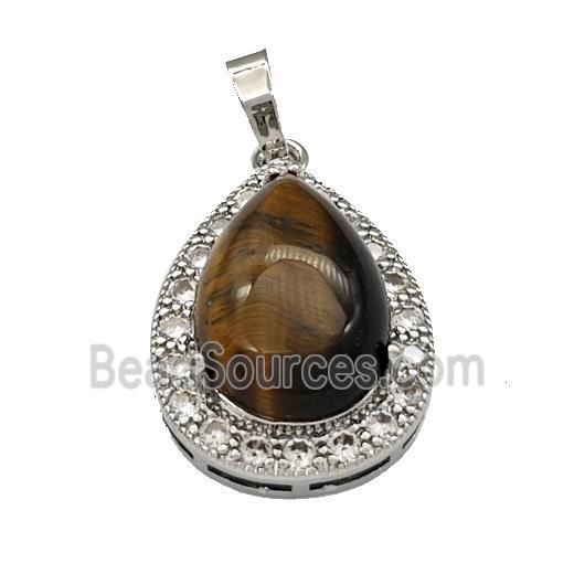 tiger eye stone pendant paved rhinestone, teardrop, platinum plated