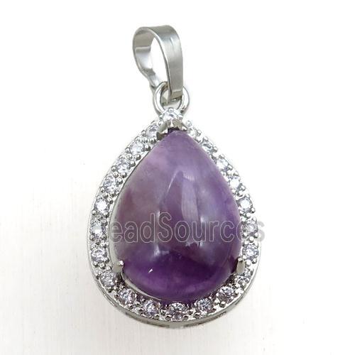 purple amethyst pendant paved rhinestone, teardrop, platinum plated