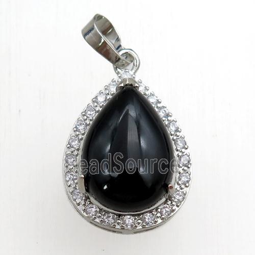 black onyx agate pendant paved rhinestone, teardrop, platinum plated