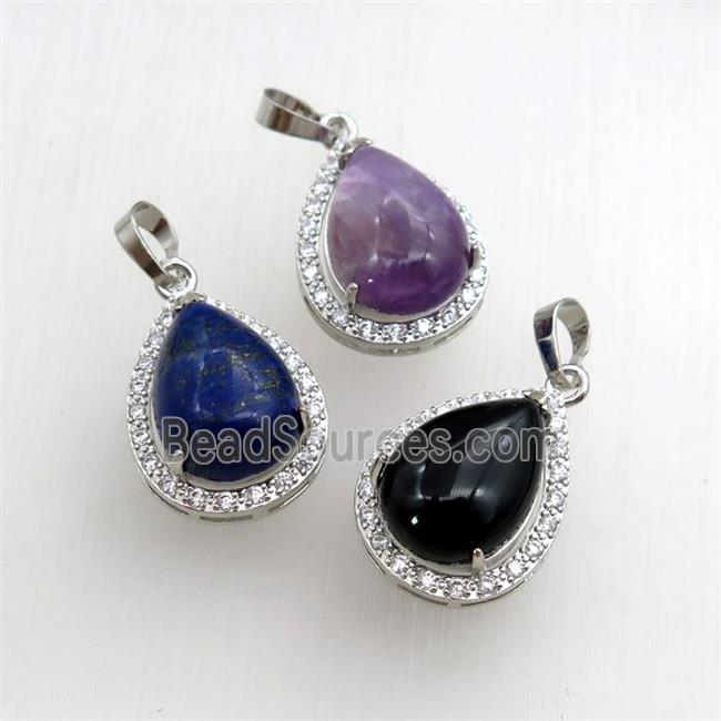 mix gemstone pendant paved rhinestone, teardrop, platinum plated