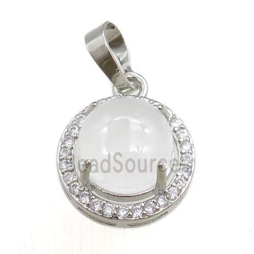 clear quartz pendant paved rhinestone, circle, platinum plated