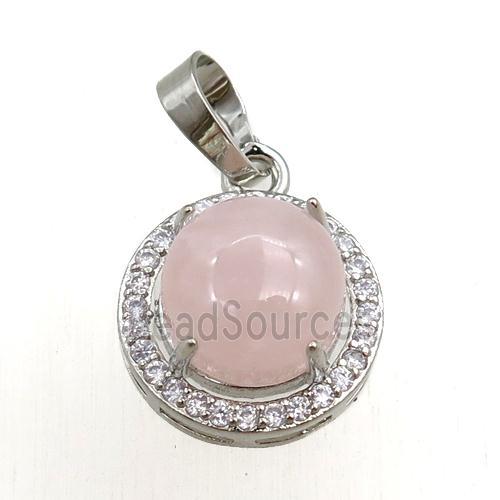 rose quartz pendant paved rhinestone, circle, platinum plated