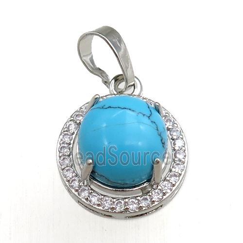 blue synthetic turquoise pendant paved rhinestone, circle, platinum plated