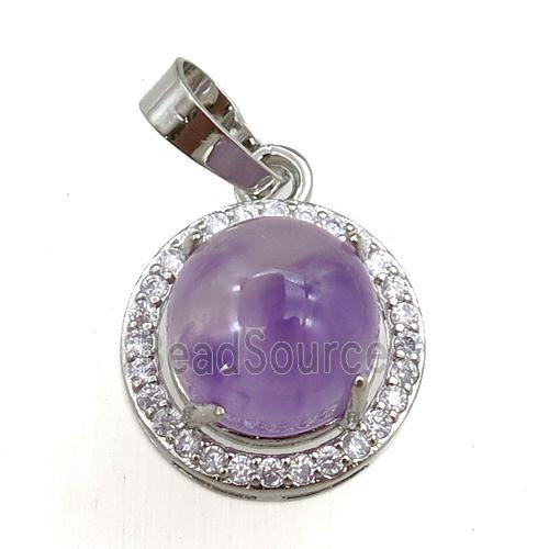 purple amethyst pendant paved rhinestone, circle, platinum plated