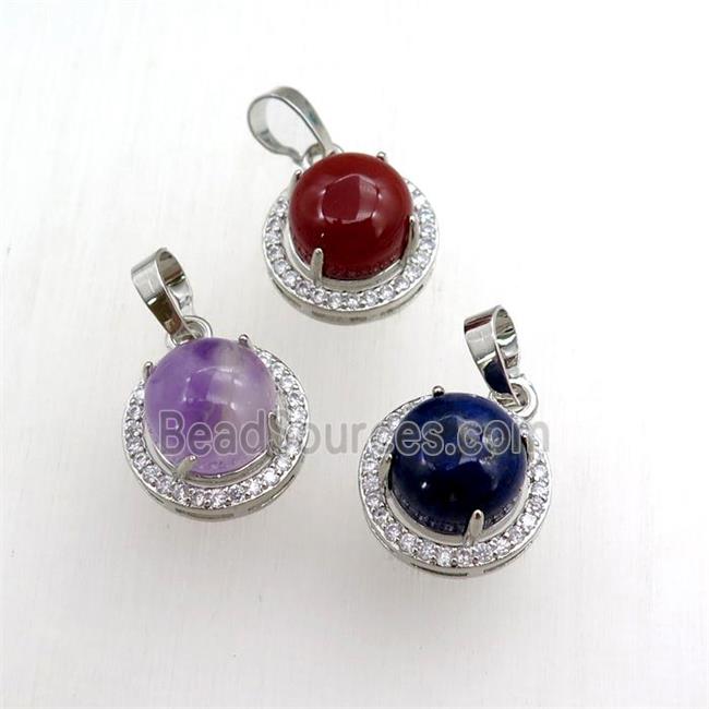 mixed gemstone pendant paved rhinestone, circle, platinum plated