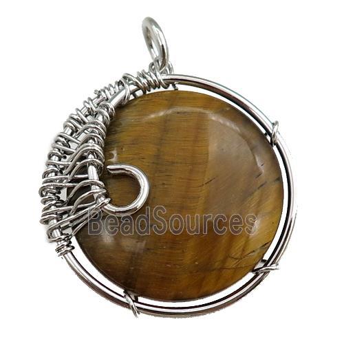 tiger eye stone pendant, circle, wire wrapped