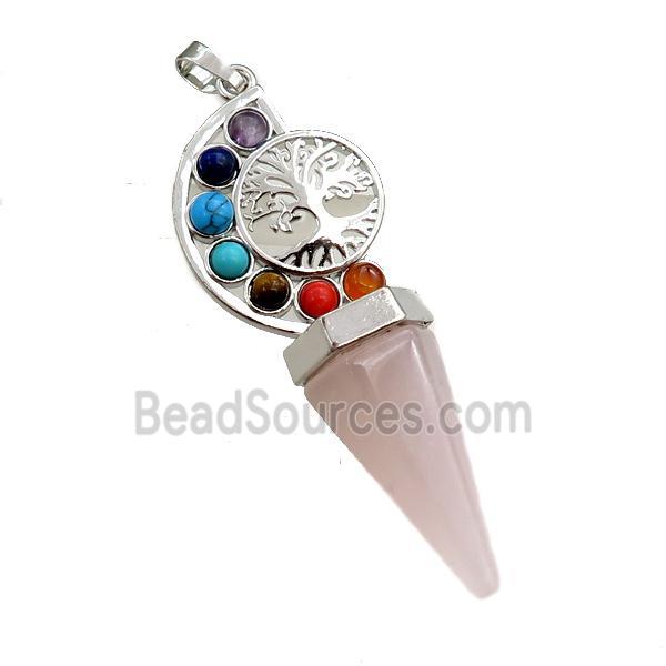 rose quartz chakra pendulum pendant, tree of life, platinum plated