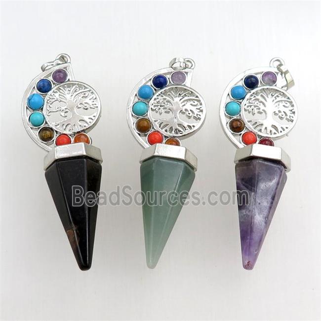 mix gemstone chakra pendulum pendant, tree of life, platinum plated