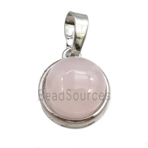 rose quartz pendant, circle, platinum plated