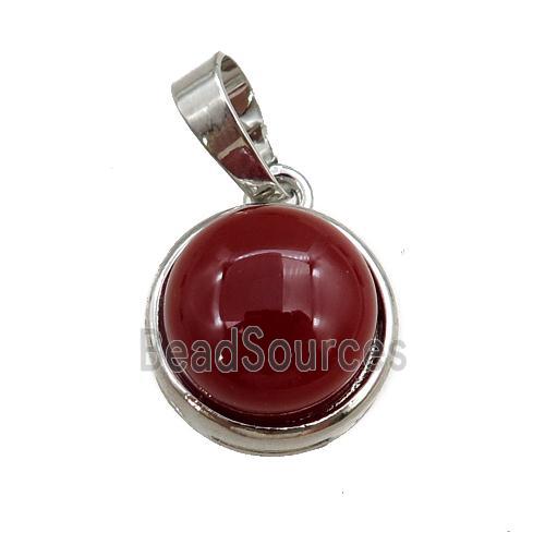 red carnelian agate pendant, circle, platinum plated