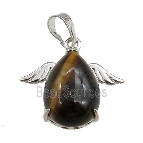 tiger eye stone angel pendant, platinum plated