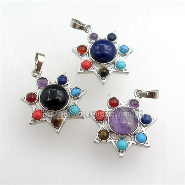 mix gemstone chakra pendant, star, platinum plated