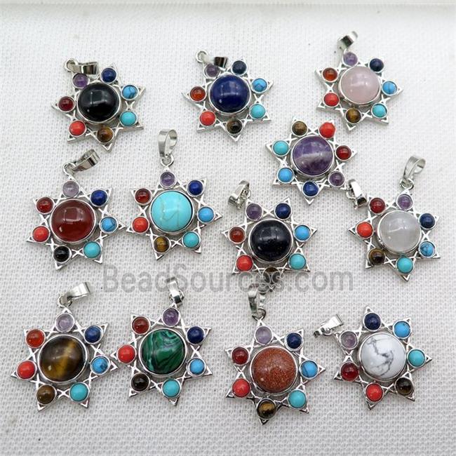 mix gemstone chakra pendant, star, platinum plated