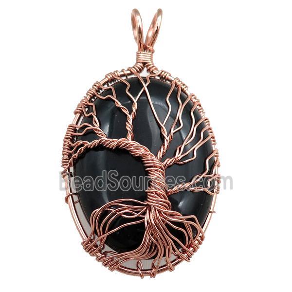 black onyx agate oval pendant with tree of life, wire wrapped