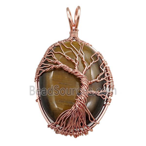 tiger eye stone oval pendant with tree of life, wire wrapped