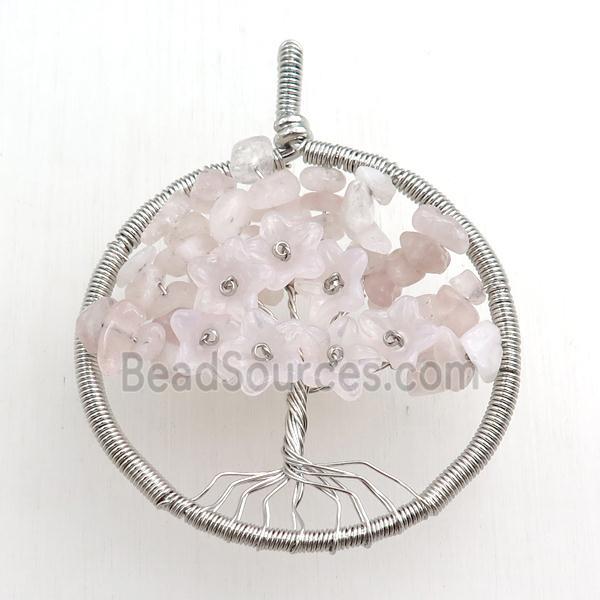 rose quartz pendant, tree of life, wire wrapped