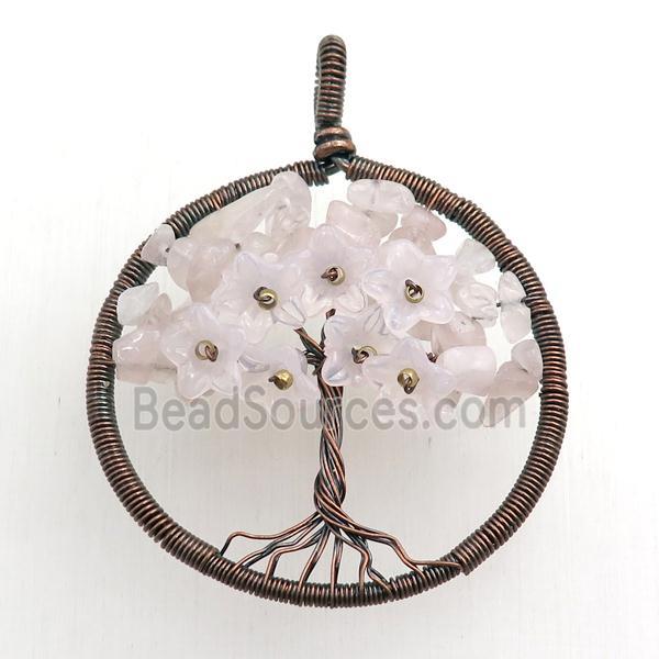 rose quartz pendant, tree of life, wire wrapped