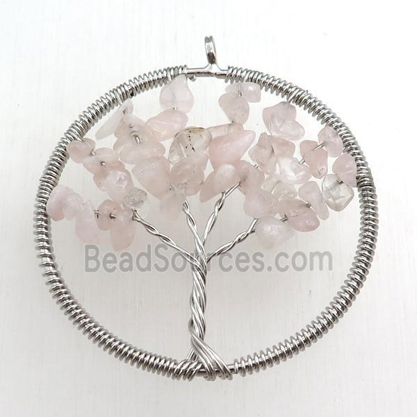 rose quartz pendant, tree of life, wire wrapped