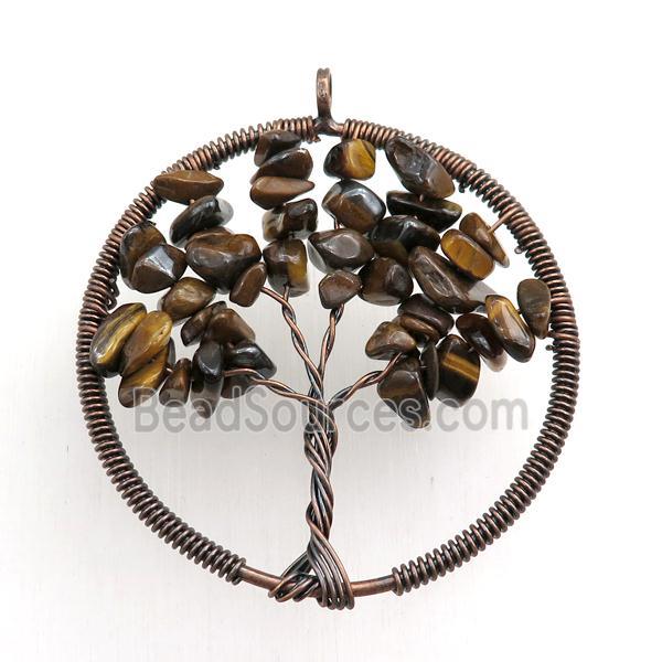 tiger eye stone pendant, tree of life, wire wrapped