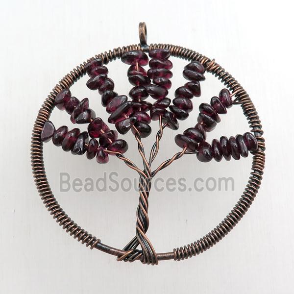 garnet pendant, tree of life, wire wrapped