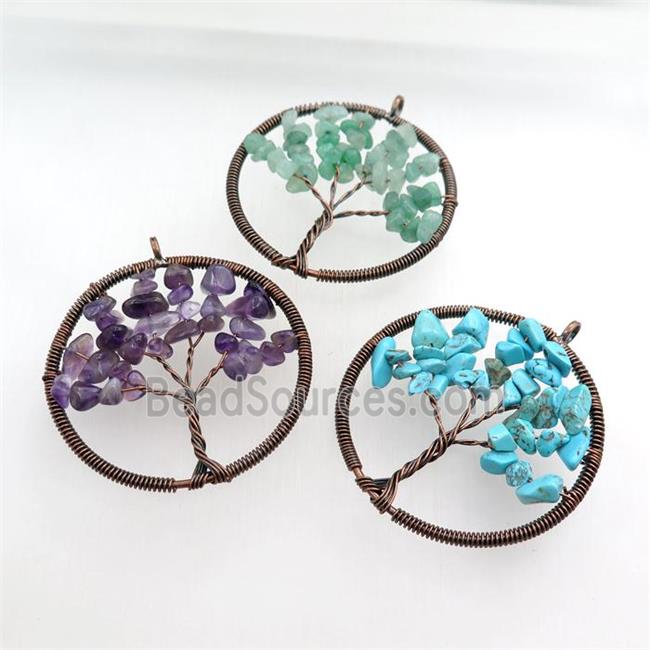 mixed gemstone pendant, tree of life, wire wrapped