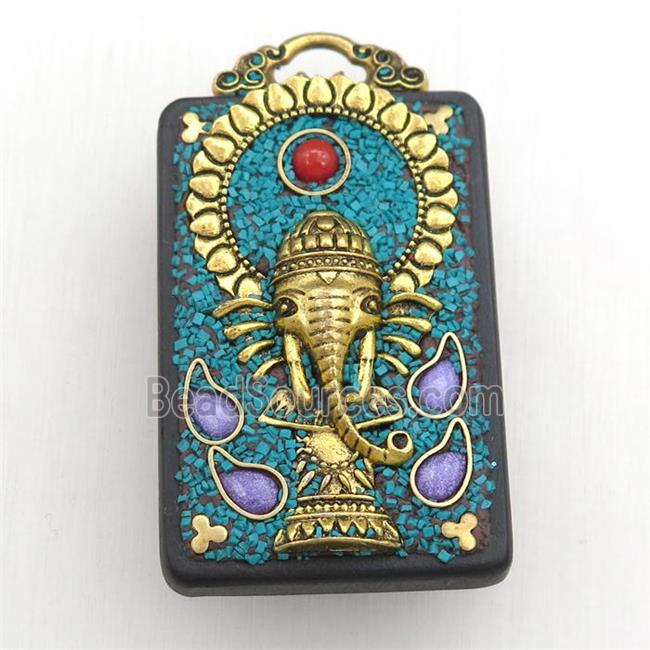 tibetan style ebony narra pendant, brass elephant, rectangle