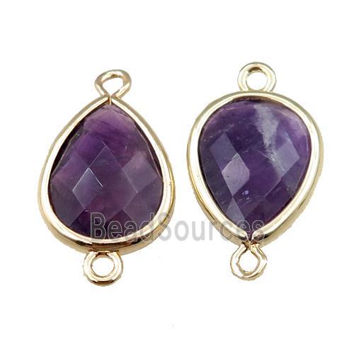 purple Amethyst connector, faceted teardrop, gold plated