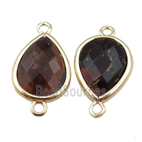 red Tiger eye stone connector, faceted teardrop, gold plated