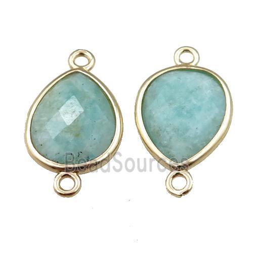 green Amazonite connector, faceted teardrop, gold plated