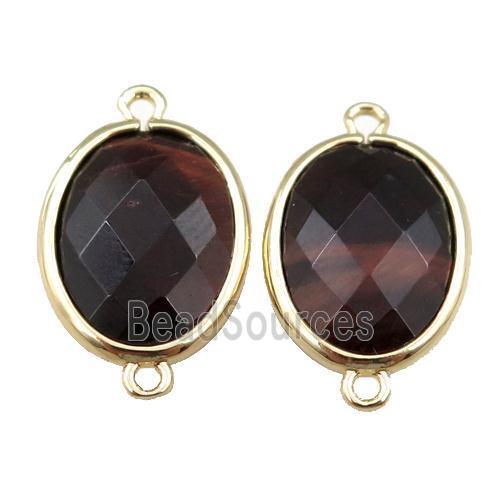 red Tiger eye stone connector, faceted oval, gold plated