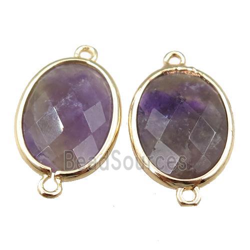 purple Amethyst connector, faceted oval, gold plated