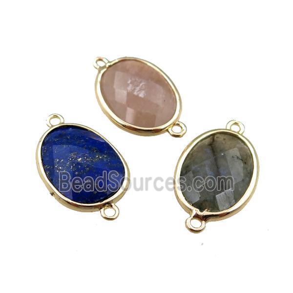 mixed Gemstone connector, faceted oval, gold plated