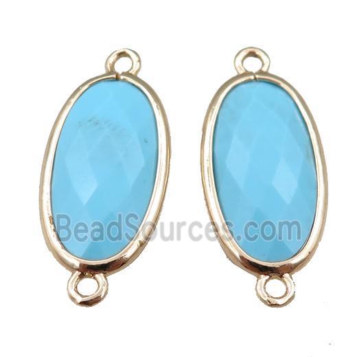 blue Turquoise connector, faceted oval, gold plated