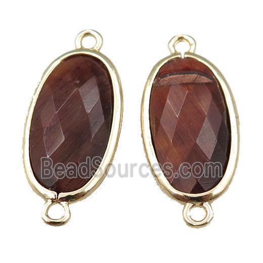 red Tiger eye stone connector, faceted oval, gold plated