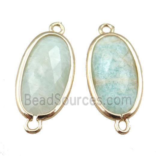 green Amazonite connector, faceted oval, gold plated