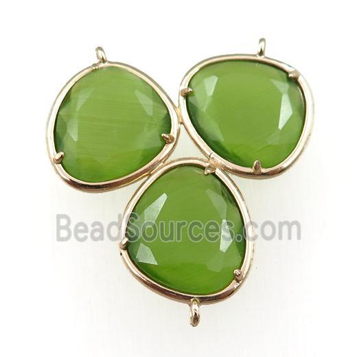 green cats eye stone connector with 3loops, gold plated