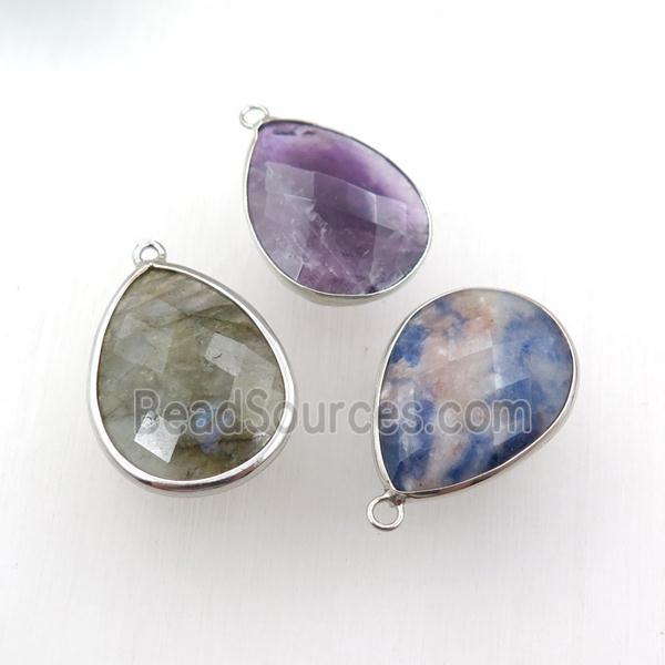 mix gemstone pendant, faceted teardrop, platinum plated