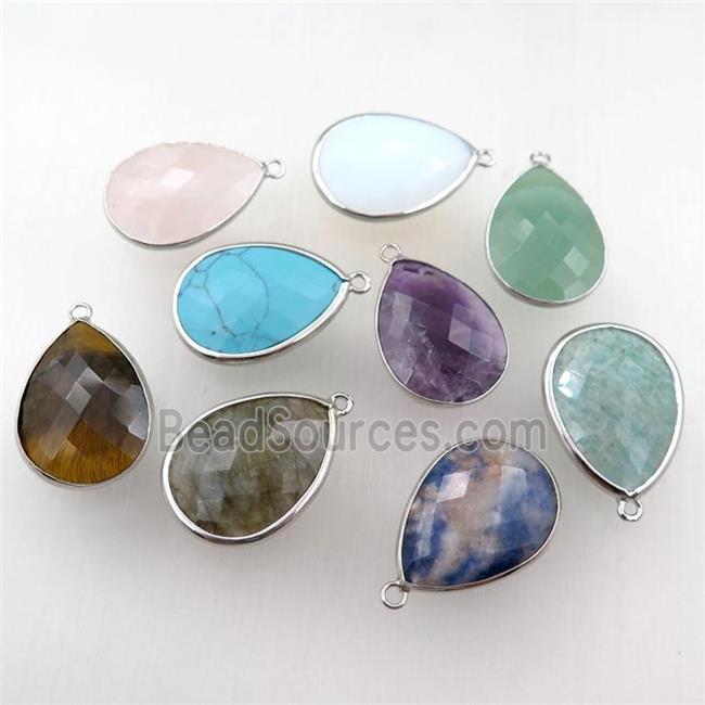 mix gemstone pendant, faceted teardrop, platinum plated