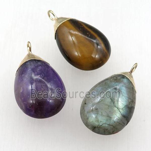 mixed Gemstone teardrop pendant, gold plated, smooth